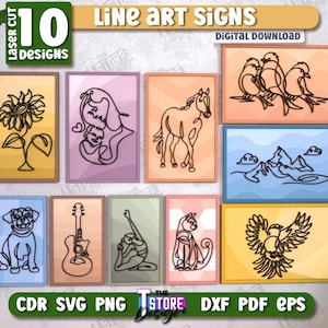 3d line art wall laser cut bundle, line art signs for laser, wooden guitar wall sign, animals signs, nature scene svg, doodle line art svg
