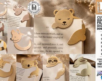 Marcador de página de canto com animais em SVG - Marcador de página de madeira cortado a laser - Presente fofo para amantes de livros - Acessório de leitura com urso, raposa, gato e coelho em SVG