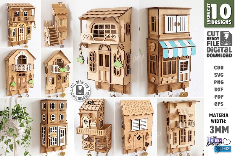 May include: A collection of ten laser-cut wooden wall-mounted key holders designed as miniature house facades. Each piece features intricate architectural details like balconies, windows, and doors, with some including hooks for keys and 3mm material width.