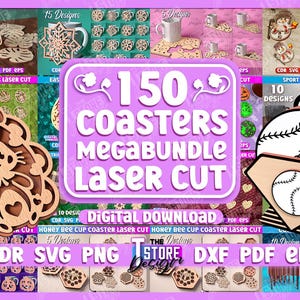 Paquete mega de 150 posavasos cortados con láser, posavasos con soporte svg, corte láser de Pascua 3D, posavasos de hojas de monstera svg, cocina glowforge, posavasos de abeja