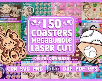 Paquete mega de 150 posavasos cortados con láser, posavasos con soporte svg, corte láser de Pascua 3D, posavasos de hojas de monstera svg, cocina glowforge, posavasos de abeja