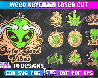 Conjunto de chaveiros com tema de maconha cortados a laser, chaveiro retrô cortado a laser, chaveiros para maconheiros, design hippie em madeira, chaveiro personalizado estiloso, arquivos CNC