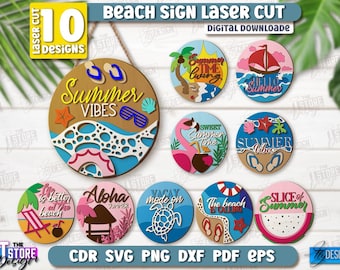 Lot de panneaux de plage 3D découpés au laser, panneau de bienvenue d'été, panneaux suspendus de plage, svg de surf, panneaux d'été, ornement de plage en bois, panneaux de bienvenue