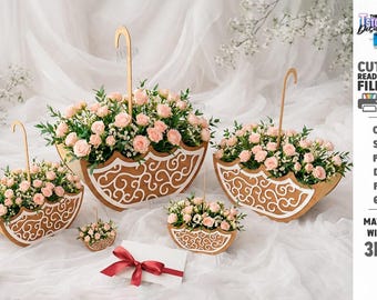 Scatola portafiori a forma di ombrello SVG – Centrotavola per matrimonio, regalo per addio al nubilato, tagliato al laser (download digitale)