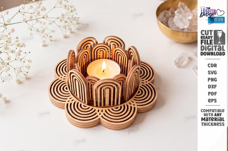 May include: A light brown wooden candle holder with a layered, arched, petal-like design surrounding a lit tea light candle. The text on the right reads: The Store Designer, Cut Ready File Digital Download, CDR, SVG, PNG, DXF, PDF, EPS, Compatible with any material thickness.