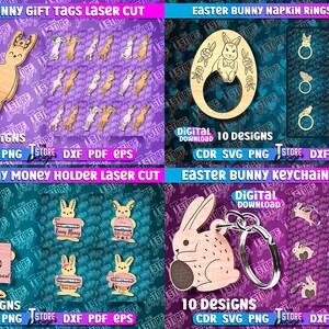 May include: A digital download of 10 laser cut designs featuring Easter bunnies in various poses. The designs include gift tags, napkin rings, money holders, and keychains. The designs are available in CDR, SVG, PNG, DXF, PDF, and EPS formats.