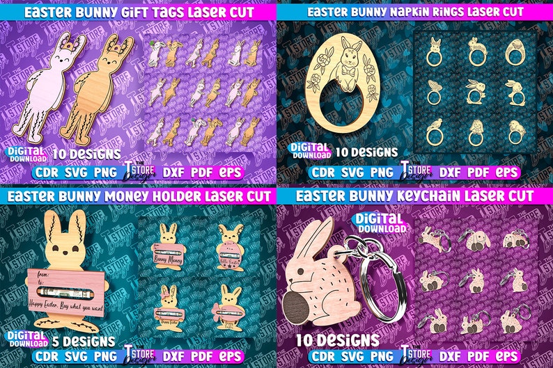 May include: A digital download of 10 laser cut designs featuring Easter bunnies in various poses. The designs include gift tags, napkin rings, money holders, and keychains. The designs are available in CDR, SVG, PNG, DXF, PDF, and EPS formats.