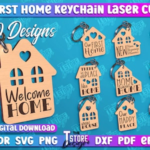 Peut inclure: Dix designs différents de porte-clés en bois découpés au laser avec diverses phrases sur le thème de la maison, notamment "Bienvenue à la maison", "Notre première maison", "Heureux nouveau foyer" et "Notre lieu heureux".