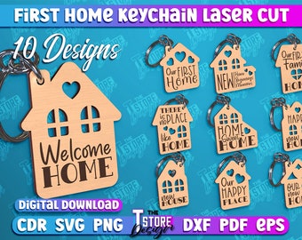 Op de afbeelding: Tien verschillende ontwerpen voor lasergesneden houten sleutelhangers met verschillende huisgerelateerde zinnen, waaronder "Welkom thuis", "Ons eerste huis", "Gelukkig nieuw huis" en "Onze gelukkige plek".