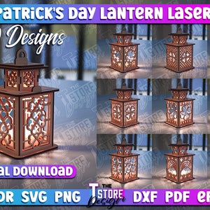 Puede incluir: Diez diseños de linternas cortadas con láser para el Día de San Patricio. Los diseños presentan varios temas irlandeses, incluyendo tréboles, tréboles y nudos celtas. Las linternas están hechas de madera y tienen 3 mm de grosor. Los archivos están disponibles en los formatos CDR, SVG, PNG, DXF, PDF y EPS.