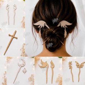 May include: A collection of ten laser-cut wooden hair stick designs featuring various shapes including wings, a sword, a moon, a butterfly, and floral motifs. The set includes digital files in CDR, SVG, PNG, DXF, PDF, and EPS formats for crafting.