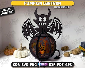 May include: A black paper cut pumpkin lantern with a devil bat design. The lantern has a glowing interior with a Halloween theme. The words "PUMPKIN LANTERN" and "DIGITAL DOWNLOAD" are visible.