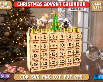 3d Christmas advent calendar laser cut file, wooden advent calendars, Xmas shelf sitters, Christmas village, advent calendar vector files