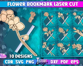 Flowers Bookmark Lasercut | Floral Bookmark Laser Cut Bundle | Bookmark SVG Design | Flower Laser Cut Files | 3d Lasercut | Flowers Bouquet