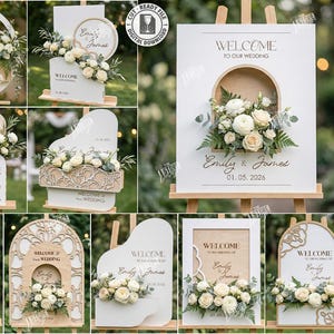 May include: A collection of 10 laser-cut wedding sign designs. Each sign features floral arrangements and personalized text, including names and dates. The signs are displayed on easels, showcasing various shapes and styles.
