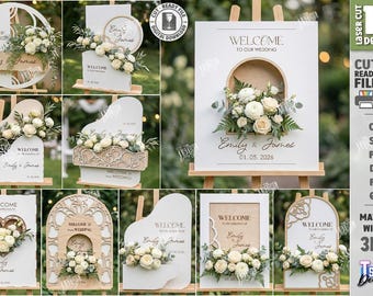 3d Floral pocket wedding welcome sign laser cut bundle, wedding decor laser cut, custom floral wedding sign, love story svg, personalized