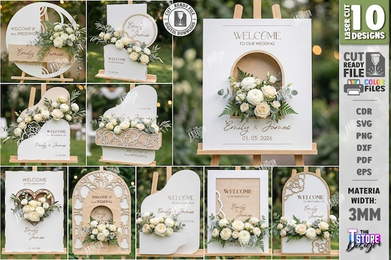 3d Floral pocket wedding welcome sign laser cut bundle, wedding decor laser cut, custom floral wedding sign, love story svg, personalized