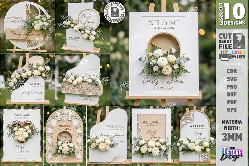 May include: A collection of 10 laser-cut wedding sign designs. Each sign features floral arrangements and personalized text, including names and dates. The signs are displayed on easels, showcasing various shapes and styles.
