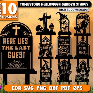 Op de afbeelding: Zwarte lasergesneden Halloween-tuinstekers in verschillende grafsteenontwerpen. De stekers bevatten zinnen als "Here Lies The Last Guest" en "Enter If You Dare". Inclusief een digitale downloadoptie.