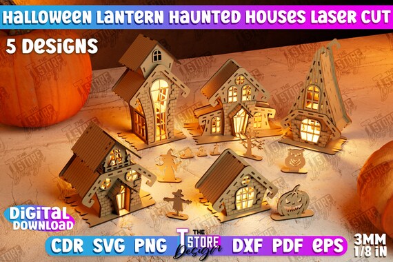 Halloween Lantern Haunted Houses Laser Cut Bundle, Halloween Haunted House Spooky Tealight Holder, Haunted house Halloween lantern, Scene