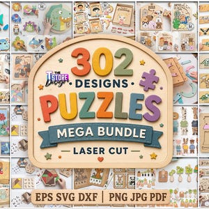 Könnte beinhalten: Eine Sammlung von Holzpuzzles mit verschiedenen Designs, darunter Tiere und Dinosaurier. Das Bild zeigt ein Schild mit der Aufschrift "302 DESIGNS PUZZLES MEGA BUNDLE - LASER CUT". Die Puzzles sind farbenfroh und für Kinder geeignet.