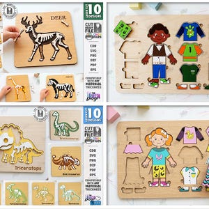 May include: Wooden puzzles featuring animal skeletons and dress-up figures. The deer puzzle has a brown and white deer. The dress-up puzzles include a boy and a girl with various clothing options. The puzzles are laser cut.