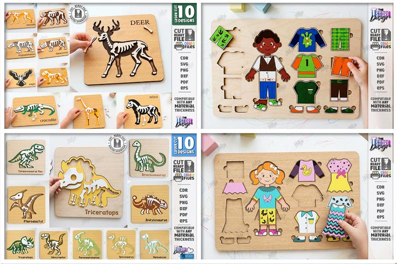 May include: Wooden puzzles featuring animal skeletons and dress-up figures. The deer puzzle has a brown and white deer. The dress-up puzzles include a boy and a girl with various clothing options. The puzzles are laser cut.