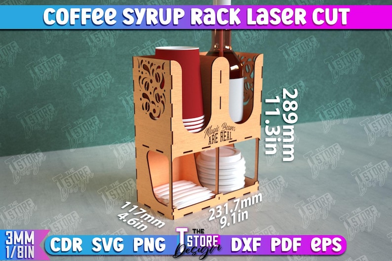 May include: Laser cut wooden coffee syrup rack with a decorative design. The rack has two shelves for storing bottles and cups, and a bottom shelf for storing napkins. The rack is 11.3 inches tall, 9.1 inches wide, and 4.6 inches deep. The text "Magic Beans Are Real" is printed on the front of the rack.