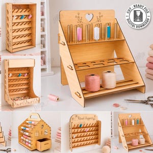 May include: A collection of ten laser-cut wooden thread and spool storage organizers featuring various tiered shelf designs, wall-mounted racks, and house-shaped units with drawers, all designed for 3mm material thickness for digital download.