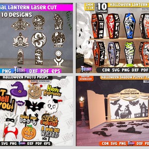 May include: A collection of laser-cut designs for Halloween and celestial themes. Includes 10 coffin designs, 15 photo props, a shadow puppet theater, and celestial lantern designs. All designs are available as digital downloads in various file formats.