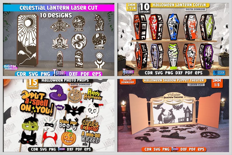 May include: A collection of laser-cut designs for Halloween and celestial themes. Includes 10 coffin designs, 15 photo props, a shadow puppet theater, and celestial lantern designs. All designs are available as digital downloads in various file formats.