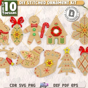 DIY stitched Christmas ornament kit laser cut bundle, Christmas ornaments laser cut, Christmas embroidery blanks, stitch pattern, montessori