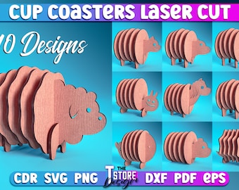May include: Ten laser cut designs for cup coasters featuring various animal shapes. The designs are made of wood and are in a light brown colour. The designs are shown on a blue background. The text "10 Designs" is at the top of the image. The text "CDR SVG PNG DXF PDF EPS" is at the bottom of the image.