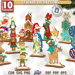 3d Christmas stacked decorations laser cut bundle, Xmas shelf sitters svg, layered decor svg, Xmas wooden stand decor, Christmas characters