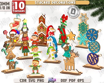 3d Christmas stacked decorations laser cut bundle, Xmas shelf sitters svg, layered decor svg, Xmas wooden stand decor, Christmas characters