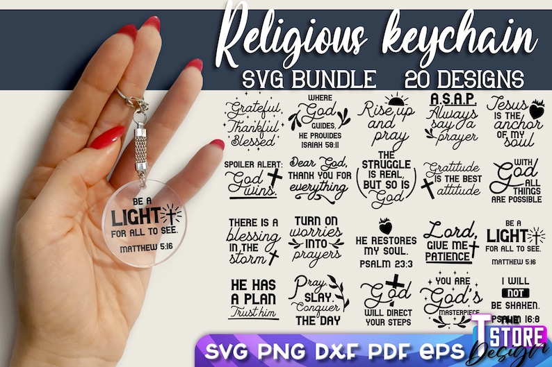 Pu&ograve; includere: Un set di 20 design di portachiavi religiosi con citazioni ispiratrici e versetti biblici. I design sono in testo nero su sfondo bianco. I portachiavi sono perfetti per aggiungere un tocco di fede alla tua vita quotidiana.