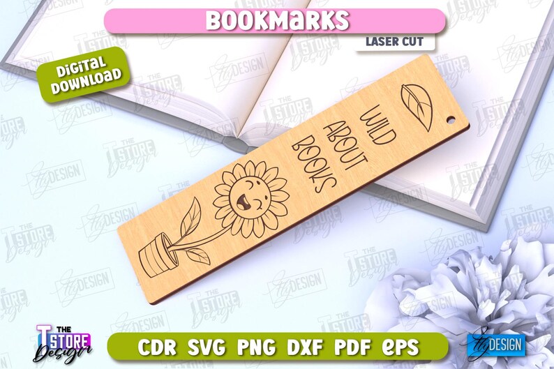 May include: Laser cut wooden bookmark with a sunflower and the text "Wild About Books".