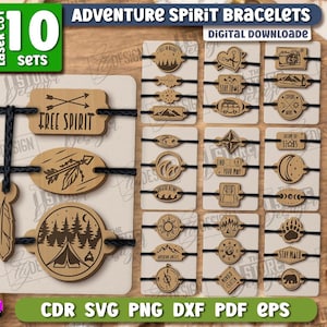 May include: A collection of laser-cut wooden bracelets with adventure-themed designs. The bracelets feature various shapes and symbols, including arrows, mountains, and compasses. The text "FREE SPIRIT" is visible. The image also includes the text "ADVENTURE SPIRIT BRACELETS".