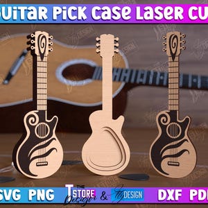 May include: Three laser cut guitar pick cases. The cases are shaped like guitars and have a decorative design. The cases are made of wood and have a natural finish.