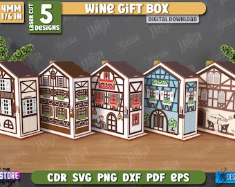 3D Wein und Leckereien Boxen Laser geschnitten Bundle, Haus Weinboxen Laser geschnitten, Weinflasche und Snackhalter Laser geschnitten, Haus Aufbewahrungsboxen Laser geschnitten