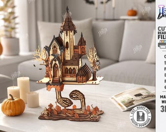 Casa infestata SVG - Castello volante di Halloween tagliato al laser - Decorazione 3D per cimitero infestato - Casa gotica spettrale DXF - Halloween svg