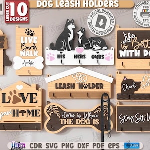 Op de afbeelding: Een verzameling van 10 lasergesneden hondenriemhouders in verschillende ontwerpen. De houders tonen zinnen als "Walk Time", "Live Bark Walk" en "Life is Better With Dogs". Ze zijn gemaakt van hout en bevatten haken voor riemen. De afbeelding bevat ook de tekst "Dog Leash Holders".