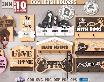 Paquete de soportes para correas de perro 3D cortados con láser, colgador de correa de madera, frases sobre mascotas en formato SVG, organizador de collares para mascotas, soporte de pared para collares de mascotas, decoración para el hogar en formato SVG