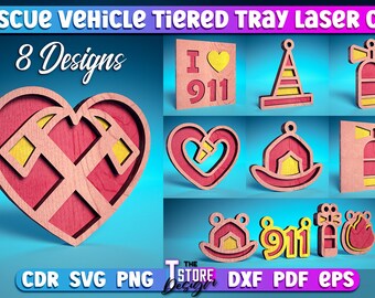 Rescue Vehicle Tiered Tray Laser Cut SVG Bundle | Vehicle Tiered Tray SVG Design | Laser Cut Files