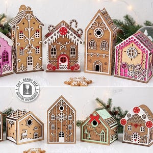 Pode incluir: Uma coleção de dez designs de casas de gengibre em madeira cortadas a laser, com detalhes intrincados em branco, rosa e madeira natural. Os ficheiros digitais incluem formatos como SVG, PNG e DXF para uma espessura de material de 3 mm.