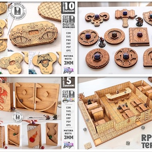 K&ouml;nnte beinhalten: Holz-Laser-Cut-Designs f&uuml;r Tabletop-Gaming, darunter W&uuml;rfelroller, Gel&auml;nde und Spielertracker. Das Bild zeigt verschiedene Designs, darunter ein Drache, eine Bar und ein W&uuml;rfelturm. Die Designs sind mit jeder Materialst&auml;rke kompatibel.