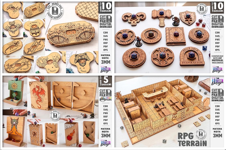 K&ouml;nnte beinhalten: Holz-Laser-Cut-Designs f&uuml;r Tabletop-Gaming, darunter W&uuml;rfelroller, Gel&auml;nde und Spielertracker. Das Bild zeigt verschiedene Designs, darunter ein Drache, eine Bar und ein W&uuml;rfelturm. Die Designs sind mit jeder Materialst&auml;rke kompatibel.