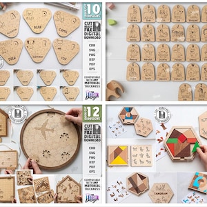 May include: A selection of wooden educational toys, including animal puzzles, alphabet blocks, and geometric tangrams. The designs are laser-cut and feature various animals and shapes. The image includes text indicating digital download options.