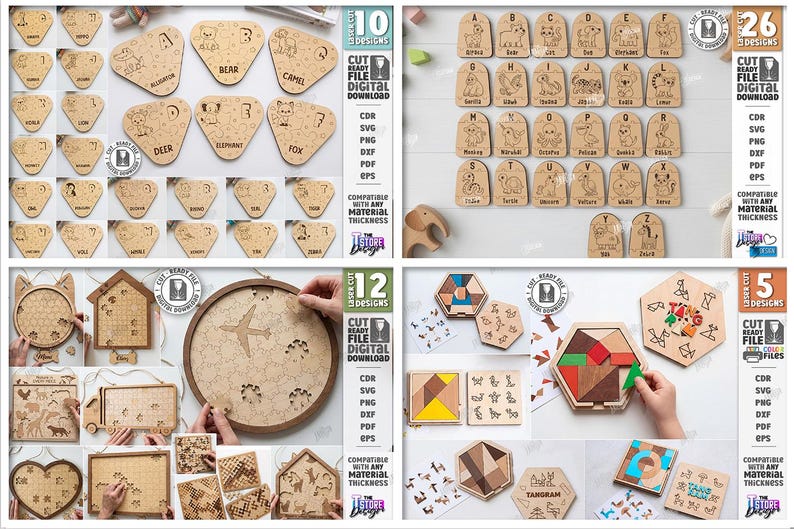 May include: A selection of wooden educational toys, including animal puzzles, alphabet blocks, and geometric tangrams. The designs are laser-cut and feature various animals and shapes. The image includes text indicating digital download options.