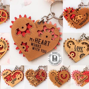 May include: A collection of laser-cut wooden heart-shaped keychains with gear designs and various phrases like "My Heart Works With You" and "Love in Motion." The keychains are in shades of brown and red.